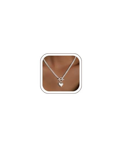 IMBOS 14K Gold Plated Chunky Chain Choker Necklaces for Women Chunky Gold Necklace Tennis Necklace for Women CZ Love Chain Cuban Link Choker Jewelry Gifts - color: Silver-Heart Necklace