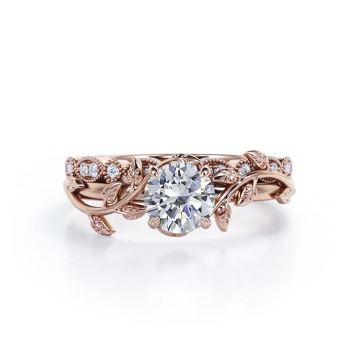 Center 1 CT Round Cut Floral Moissanite Wedding Rings Sets for Women Leaf and Vine Art Deco Engagement Ring Sets in S925 Sterling Silver 10K 14K 18K Gold with Text Engraving - color: Style A