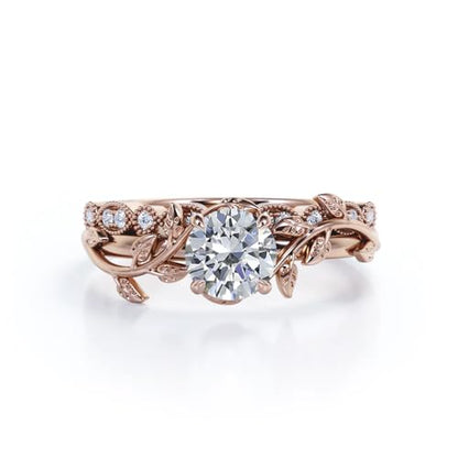 Center 1 CT Round Cut Floral Moissanite Wedding Rings Sets for Women Leaf and Vine Art Deco Engagement Ring Sets in S925 Sterling Silver 10K 14K 18K Gold with Text Engraving - color: Style A