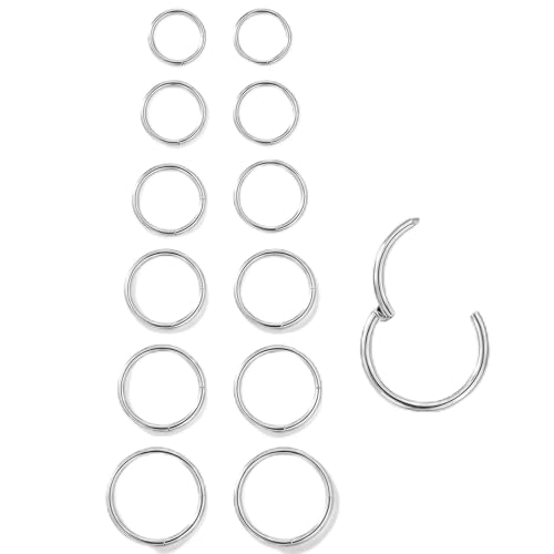6Pairs Nose Rings Hoops - 316L Surgical Steel Hinged Nose Hoops 16G/18G/20G Clicker Septum Nose Ring Lip Helix Cartilage Hoop Earring Daith Rook Conch Body Piercing Jewelry for Women Men 6mm 7mm 8mm 9mm 10mm 12mm - color: Silver, size: 20 gauge(0.8mm)