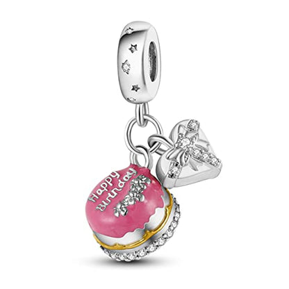 925 Sterling Silver Charm for Bracelet Necklace Women Dangle Pendant Beads | Love Faith Mom Ocean travel Butterfly Party Charm Beads Pendants DIY Jewelry Gift - color: Birthday cake with gift charm