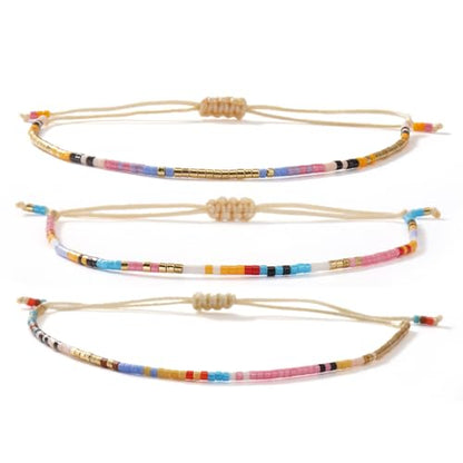 Seed Beaded String Rope Adjustable Bracelets Set for Women Men, Small Colorful Boho Rice 3Pcs Stack Handmade Thin Jewelry, Daily Beach Vacation Friendship Gift - color: Pink Purple H