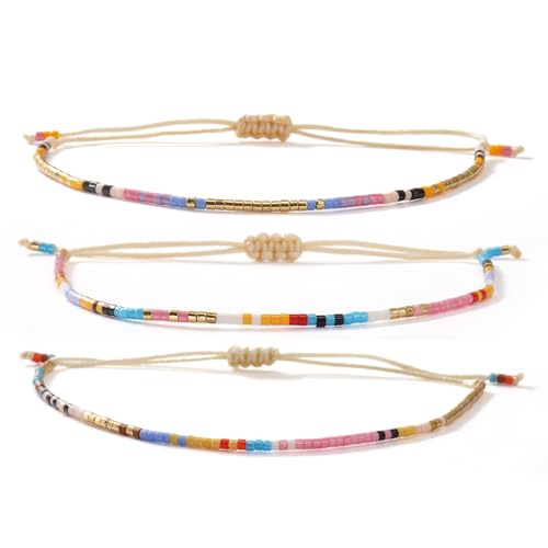 Seed Beaded String Rope Adjustable Bracelets Set for Women Men, Small Colorful Boho Rice 3Pcs Stack Handmade Thin Jewelry, Daily Beach Vacation Friendship Gift - color: Pink Purple H