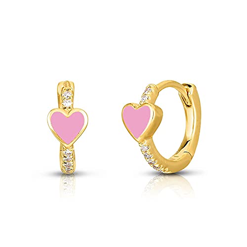 Enamel Heart Huggie Hoop Earrings with Cubic Zirconia Silver Small Hinged Hoops for Women - color: Heart Pink Enamel