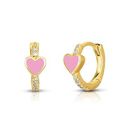 Enamel Heart Huggie Hoop Earrings with Cubic Zirconia Silver Small Hinged Hoops for Women - color: Heart Pink Enamel