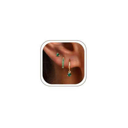 Freekiss 3 Pairs Hoop Earrings Set - Dainty Stud Dangle Cartilage for Women | Hypoallergenic Earrings, Cubic Zirconia Stackable Trendy Small Set Jewelry Gifts for Women - style: Emerald Style-GD