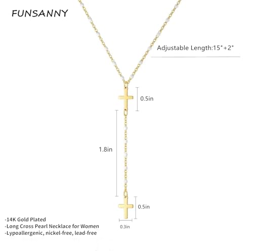 Lariat Necklaces for Women - Dainty Long Necklace Trendy 14K Gold Plated Hypoallergenic Layered Long Y-Shape Sunburst CZ T-Bar Pendant Drop Chain Necklace Set for Women Non Tarinsh Jewelry - style: double cross drop-gd