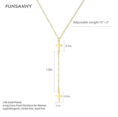 Lariat Necklaces for Women - Dainty Long Necklace Trendy 14K Gold Plated Hypoallergenic Layered Long Y-Shape Sunburst CZ T-Bar Pendant Drop Chain Necklace Set for Women Non Tarinsh Jewelry - style: double cross drop-gd