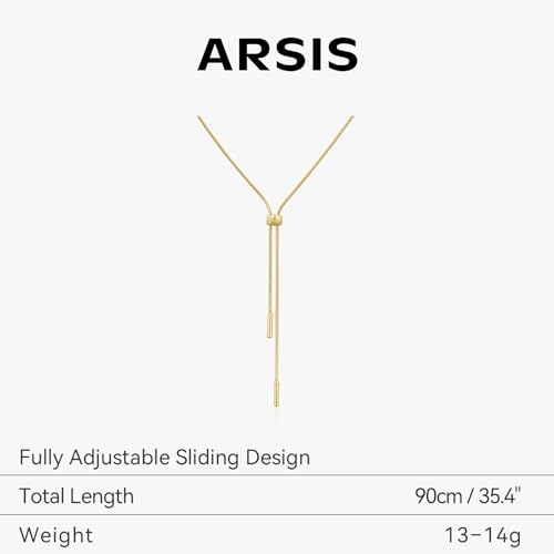 ARSIS Lariat Long Gold Necklace for Women, 18K Gold/Platinum Plated Y-Shaped Drop Dangle Pendant Necklace, Long Adjustable Pull Slider Chain Jewelry Gift for Her - color: Gold-herringbone slider