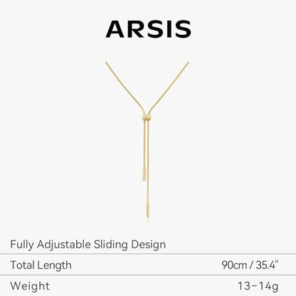 ARSIS Lariat Long Gold Necklace for Women, 18K Gold/Platinum Plated Y-Shaped Drop Dangle Pendant Necklace, Long Adjustable Pull Slider Chain Jewelry Gift for Her - color: Gold-herringbone slider