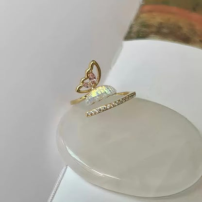 Mettclasi Women's 14K Gold Plated Stackable Ring Crystal Inlaid Dainty Trendy Cute Adjustable Open Twist Rings Jewelry Gifts - style: Butterfly
