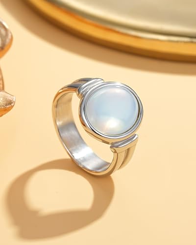 YeGieonr Gold Rings for Women Trendy Non Tarnish Chunky Gold Plated Ring, Waterproof Stainless Steel Gold Jewelry Gift - color: Mother of Pearl Silver, size: 8