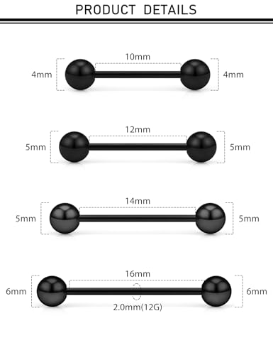 16G 14G 12G Black Nipple Piercings Tongue Rings Externally/Internally Threaded Hypoallergenic 316L Surgical Steel Nipple Tongue Barbell Piercing Jewelry for Women Men 12mm 14mm 16mm 19mm 22mm - color: 12G/Externally Threaded/10mm-16mm Bars/4mm 5mm 6mm Bal