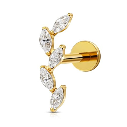 FINE4U 16G CZ Cluster Climber Cartilage Earring for Helix, Tragus - ASTM F136 Titanium Triple Marquise Labret Stud, Screw on Nickel Free Flat Back Jewelry - color: Five Marquise - Clear CZ - Gold