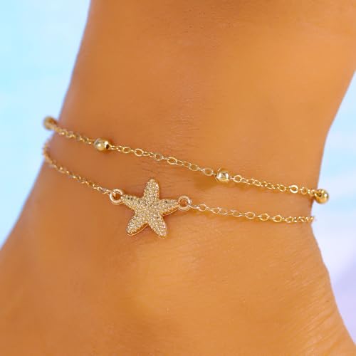 Gold Starfish Seashell Anklets Bracelets for Women Dainty Gold Layered Shell Link Chain Anklets Summer Conch Seashell Foot Bracelet Jewelry for Beach Vacation - color: gold4