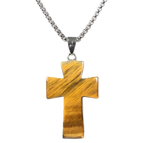 Justinstones 32mm Gemstone Carved Cross Reiki Chakra Pendant With Stainless Steel Necklace 22 Inch - color: Golden Tiger Eye