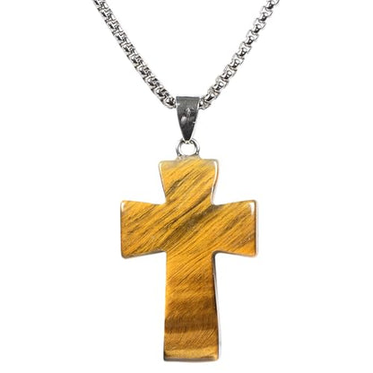 Justinstones 32mm Gemstone Carved Cross Reiki Chakra Pendant With Stainless Steel Necklace 22 Inch - color: Golden Tiger Eye