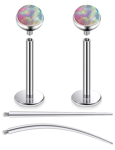 F136 Titanium 20/18/16G Internally Threaded Flat Back Multicolor Opal Stud Earrings Nose Rings Lip Labret Medusa Monroe Piercing Jewelry with Taper for Women Men - color: Pink, size: 16g*10mm*3mm