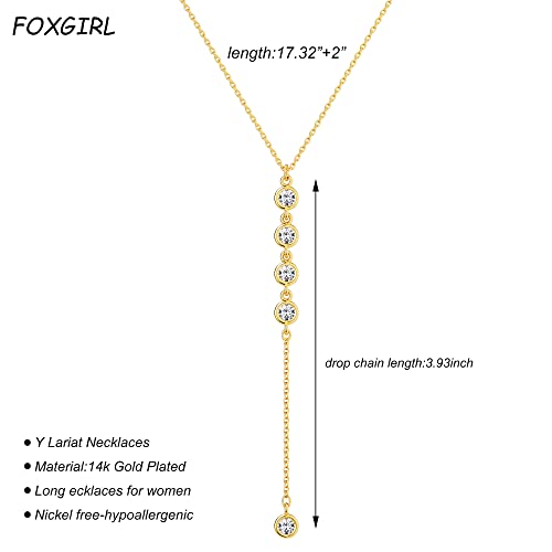 Foxgirl Lariat Gold Necklace for Women, Dainty Long Necklace 14k Gold Plated/Silver Y-Shaped Pendant Necklace Trendy Layered Cz Beaded Chain Drop Necklaces Simple Gold Jewelry For Women Gift - color: Y CZ Lariat Necklace-GD
