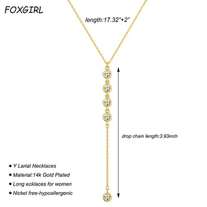 Foxgirl Lariat Gold Necklace for Women, Dainty Long Necklace 14k Gold Plated/Silver Y-Shaped Pendant Necklace Trendy Layered Cz Beaded Chain Drop Necklaces Simple Gold Jewelry For Women Gift - color: Y CZ Lariat Necklace-GD