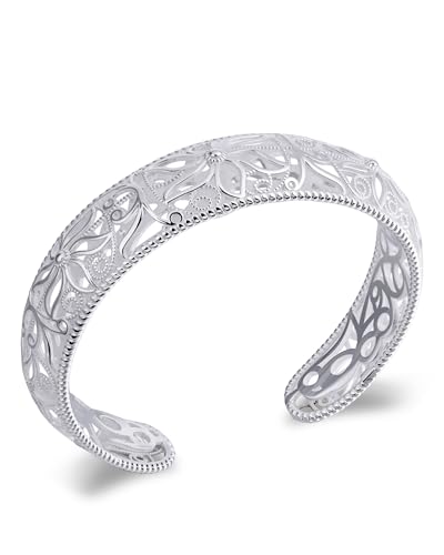 Intricate Floral Pattern Cuff Bracelet for Women - Sterling Silver Bangle, Bohemian Chunky Wide Bracelet Silver & Gold - color: Silver