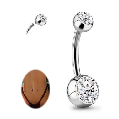 1PC/2PC/3PC G23 Titanium Belly Button Rings 14G 1.6MM Round Cubic Zirconia Belly Rings 6 Sizes of Length to Choose Navel Barbell Belly Piercing Jewelry for Women Men - color: Silver