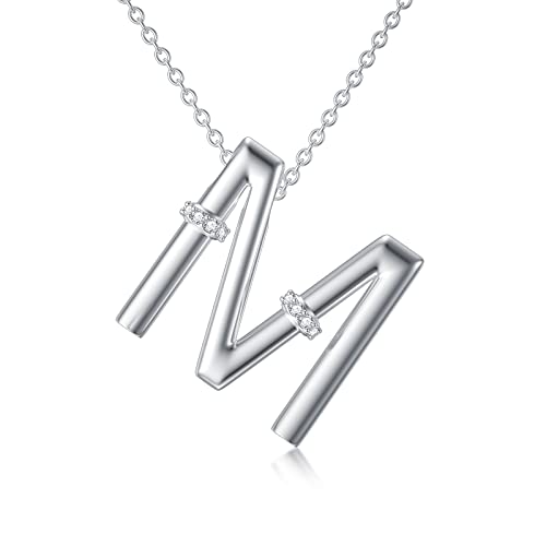 Initial Pendant Necklace 14K White Gold Plated A-Z 26 Letter Alphabet Pendant 925 Sterling Silver Jewelry Gift for Women Girls Teens - style: Alphabet - M