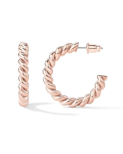 PAVOI 14K Gold Plated Twisted Rope Round Hoop Earrings - color: Rose Gold, size: 25 MM