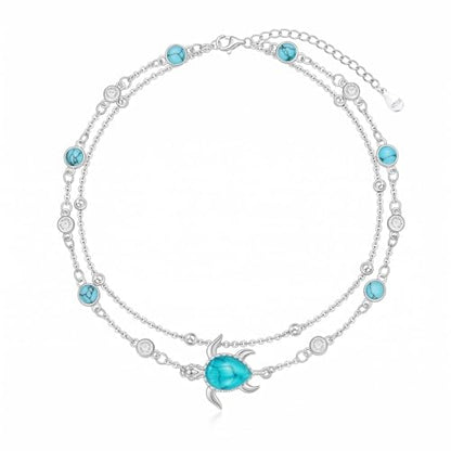 Midir&Etain Beach Anklet Sterling Silver Ocean Layered Rosary Anklet Turquoise Bracelet Double Chain Jewelry Summer Vacation Gift for Women Her - color: Turtle