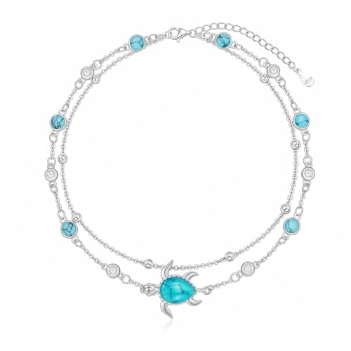 Midir&Etain Beach Anklet Sterling Silver Ocean Layered Rosary Anklet Turquoise Bracelet Double Chain Jewelry Summer Vacation Gift for Women Her - color: Turtle