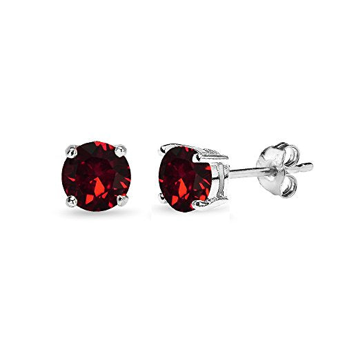 Sterling Silver Birthstone Crystal Solitaire Stud Earrings for Women and Men - color: January - Dark Red