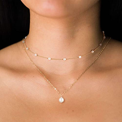 Gold Pearl Necklace For Women - 14K Gold Plated Layered Herringbone Chain Pearl Necklace, Trendy Simple Gold Jewelry Gift - color: Layered Satellite Pearl-Gold