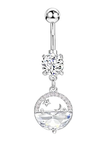 Belly Button Ring Dangle, Cross Belly Button Ring, Navel Piercing | 316L Surgical Steel, AAA+ Cubic Zirconia, Nickel-Free, Hypoallergenic, Multi-Style, 14 Gauge 10 mm Screw On Piercing Stud - style: Moon Star Lake
