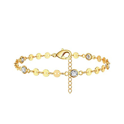 Womens Dainty Gold Chain Bracelet,Simple Layered Chain Bracelets,Beaded Turquoise Bracelet,Charm Crystal Bar,Heart,Karma,Triangle,Pearl Bracelets for Women - color: Gold Disc/CZ