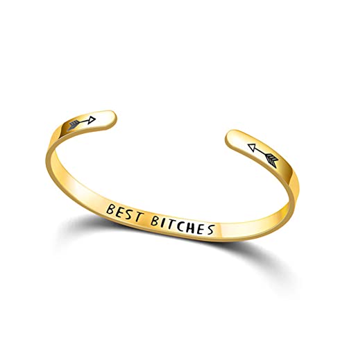 Inspirational Open Bracelet Cuff for Women Men Engraved Keep Fucking Going Bracelet Bangle Stainless Steel Arrow Bracelet Fashion Wristband Jewelry - color: F:Gold/Best Bitches
