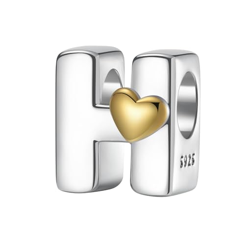 A~Z Alphabet Charm Letter Beads 925 Sterling Silver with Heart-shaped 5A Cubic Zircon Stones fits Pandora European Bracelets Necklace Jewelry Gift for Women - style: H Letter Charms