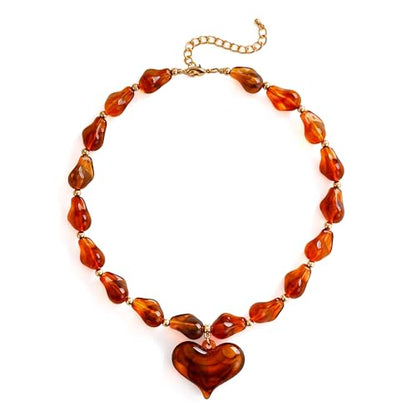 YUJIE Chunky Heart Pendant Necklace for Women- Exaggerated Statement Puff Heart Necklace with Acrylic Beaded Chain - color: Amber-2