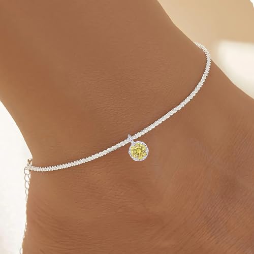 Wellike Silver Ankle Bracelets For Women Waterproof Birthstone Anklets Adjustable Sparkly Chain Silver Plated Stainless Steel Anklet Non Tarnish Jewelry - color: KKWJL185-11