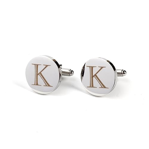Mens Initial Silver Cufflinks A-Z Alphabet Letter Steel Cuff Links with Engraved Walnut Wood Box Groom Groomsman Wedding Set… - style: K