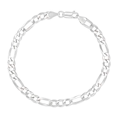14K Gold or Rhodium Plated Silver Figaro Diamond Cut Pave Chain For Men | 1mm-13mm Thick | Solid 925 Figaro Italian Necklaces For Men - style: 5.50MM- White