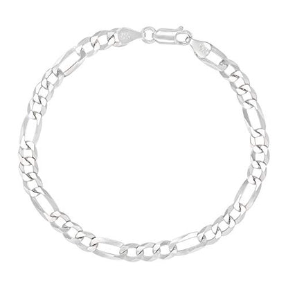 14K Gold or Rhodium Plated Silver Figaro Diamond Cut Pave Chain For Men | 1mm-13mm Thick | Solid 925 Figaro Italian Necklaces For Men - style: 5.50MM- White