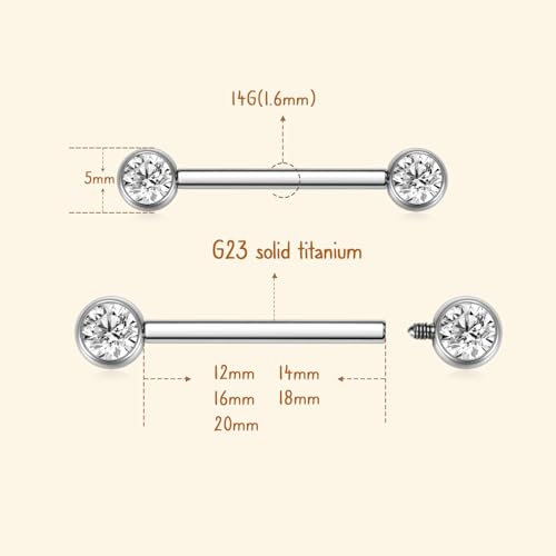 AROWRO Nipple Piercing Jewelry Nipple Rings Titanium Nipple Rings Implant Grade Hypoallergenic 14G Internally Threaded Straight Barbells with Cubic Zirconia Opal Gold Silver Rose Gold Black 12mm 14mm 16mm 18mm 20mm - color: Silver+Clear CZ
