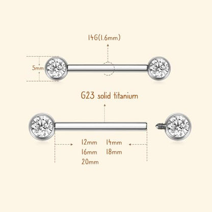 AROWRO Nipple Piercing Jewelry Nipple Rings Titanium Nipple Rings Implant Grade Hypoallergenic 14G Internally Threaded Straight Barbells with Cubic Zirconia Opal Gold Silver Rose Gold Black 12mm 14mm 16mm 18mm 20mm - color: Silver+Clear CZ