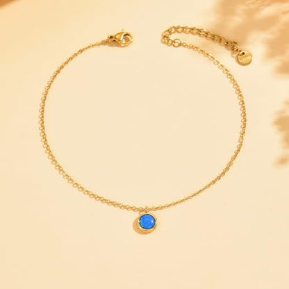 Opal Anklet for Women, 18K Gold Plated Stainless Steel Waterproof Adjustable Beach Ankle Bracelet with Gift Box, 5 Colors - color: Blue