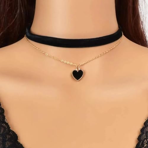 Fesciory Black Necklaces for Women, Adjustable Layered Velvet Leather Lace Collar Necklace, Goth Jewelry Gifts. - color: Gold Chain Heart1