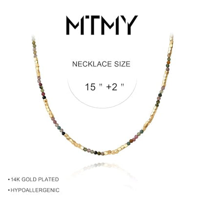 MTMY Beaded Gemstone Choker Necklace for Women | 14K Gold Plated, Colorful Natural Stone, Bead Chain, Boho Summer Beach, Handmade Jewelry - color: Tourmaline