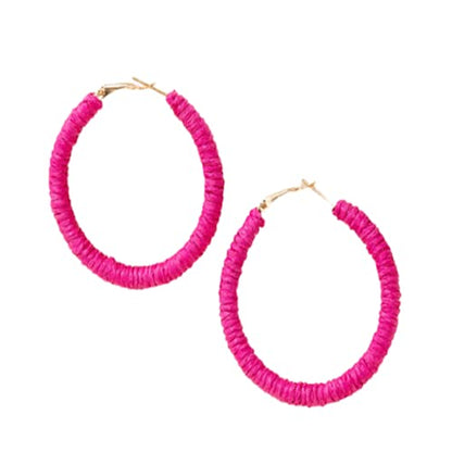 Handmade Rattan Earrings - Large Circle Braided Straw Wicker Drop Earrings - Light Weight Summer Hoops - color: A deep pink