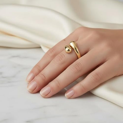 Adjustable Gold Teardrop Ring for Women - 18K Gold Plated Minimalist Open Wrap Water Drop Ring, Bold Chunky Statement Jewelry, Gift for Her