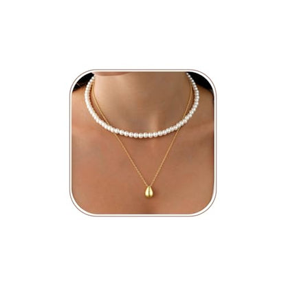 Dainty Pearl Pendant Necklaces for Women 14K Gold Plated Handmade Layered Pearl Chain Necklace Delicate Layered Pearl Necklace Everyday Jewelry Gift - color: pearl choker