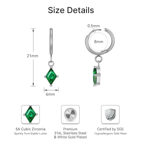 Surgical Steel Hoop Earrings for Women - Hypoallergenic Small Cartilage Huggies with Cubic Zirconia Dangle - color: Green-Stainless Steel